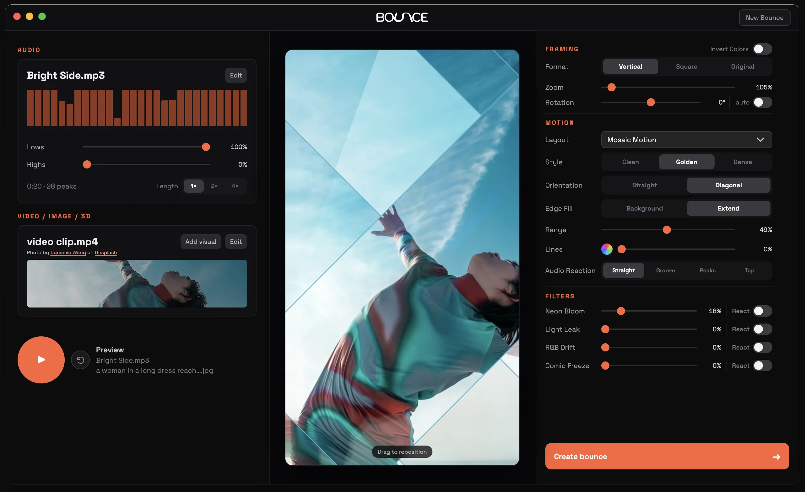 Bounce audio controls with track waveform and length options